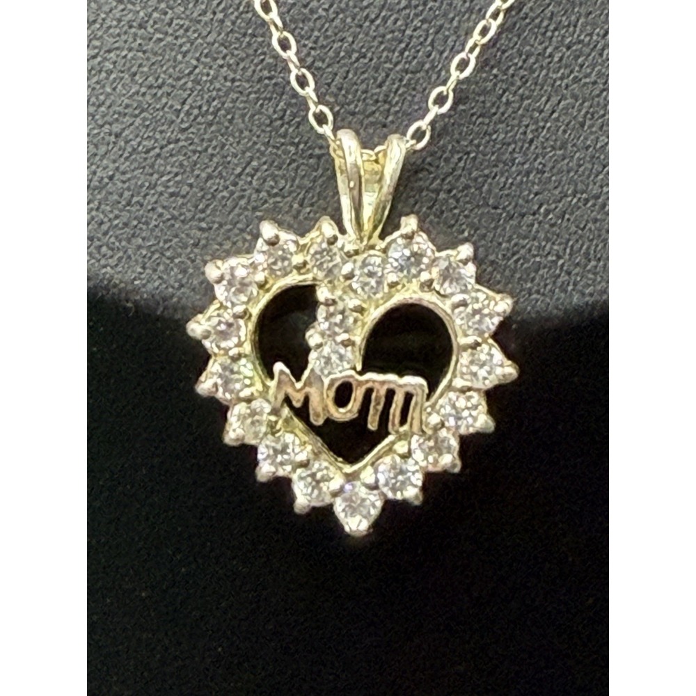 Vintage Sterling Silver "Mom" CZ Heart Pendant Necklace J30